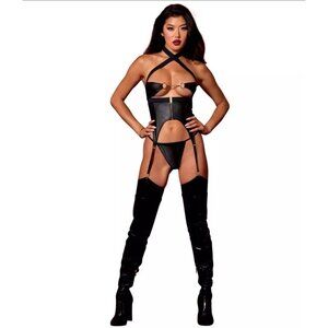 Faux Leather Bustier Black Gold Details 2pc Set w/ G-String Dreamgirl‎ 13709